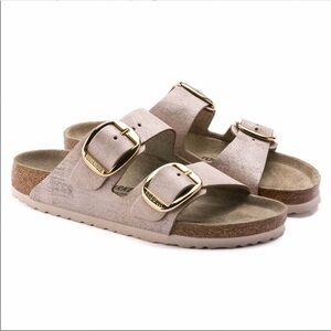 Birkenstock Arizona Washed Metallic Rose Gold Big Buckle Double Strap Sandals